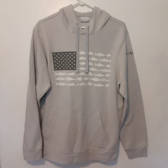 Columbia PFG Hoodie Mens Medium Gray American Flag Fish Pattern Sweatshirt - Picture 1 of 10